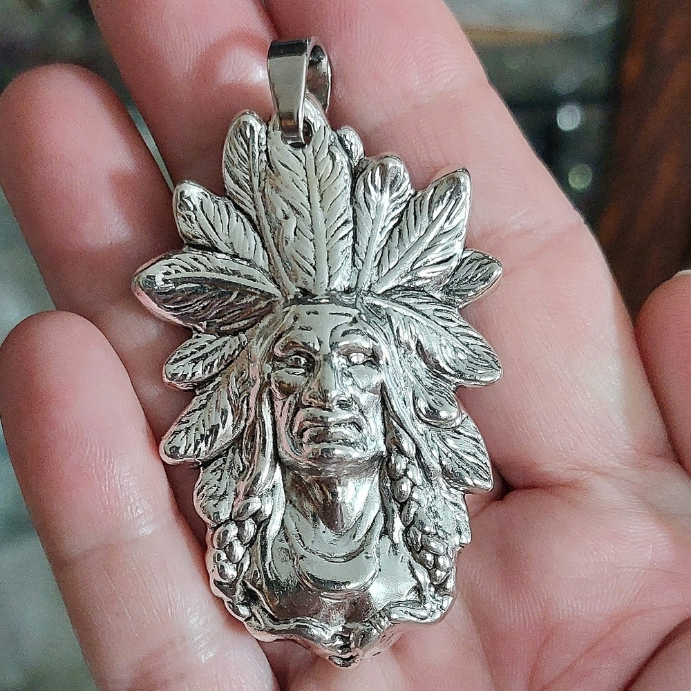 Large silver chief indian native tribal necklace pendant